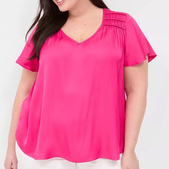 Lane Bryant Satin Smocked Shoulder Blouse - Picture 1 of 6